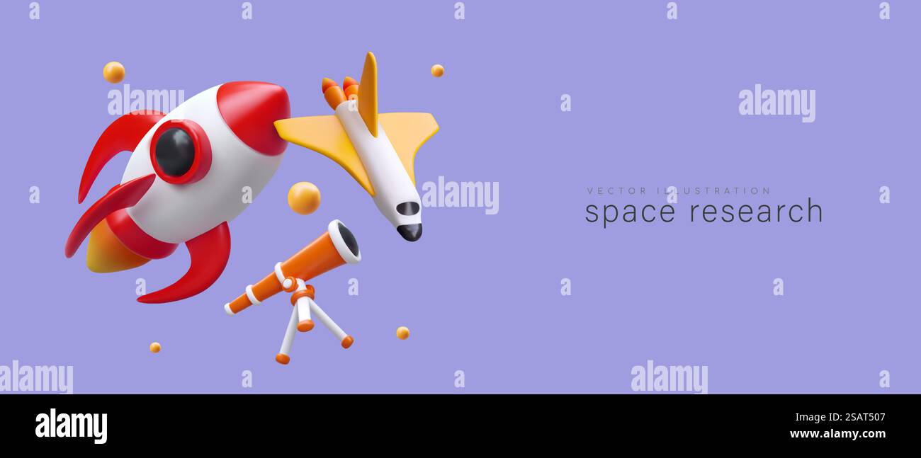 Space Header Rocket Space research. 3D rocket, shuttle, telescope on purple background ...