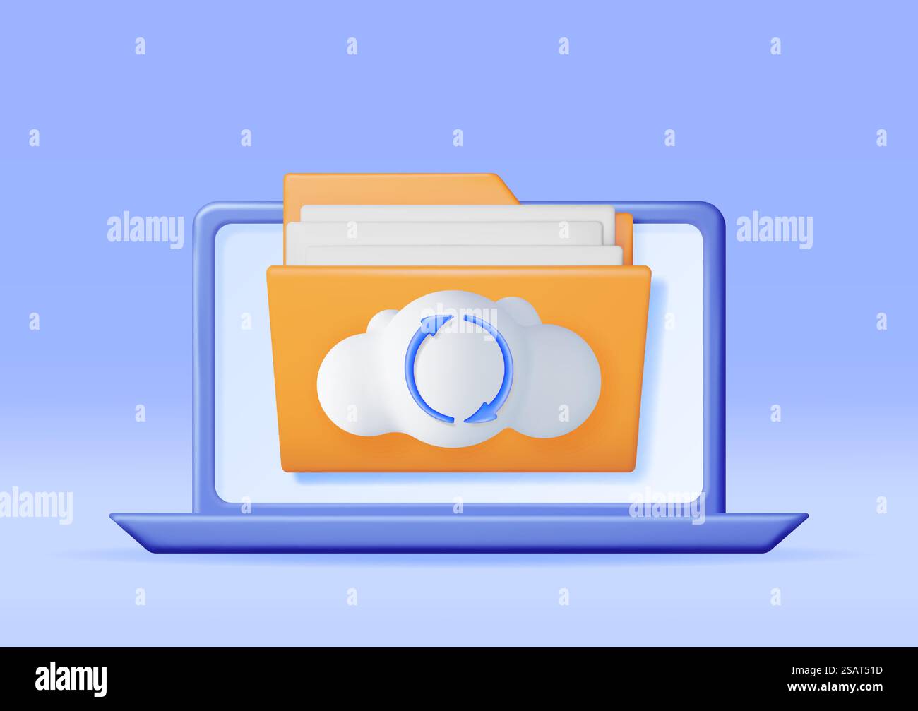 3D Folder in Clouds with File Sync Icon on Laptop. Render Computer File Folder with Synchronization Cloud. Data Center, Cloud Storage Concept. Online Backup. Internet Archive. Vector Illustration. 3D Folder in Clouds with File Sync Icon on Laptop Stock Vector