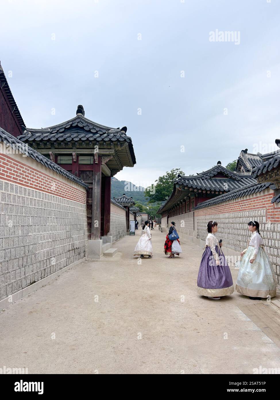 Candid of women in traditional hanbok at Gyeongbokgung Palace in Seoul, South Korea - Smartphone Captured Stock Image