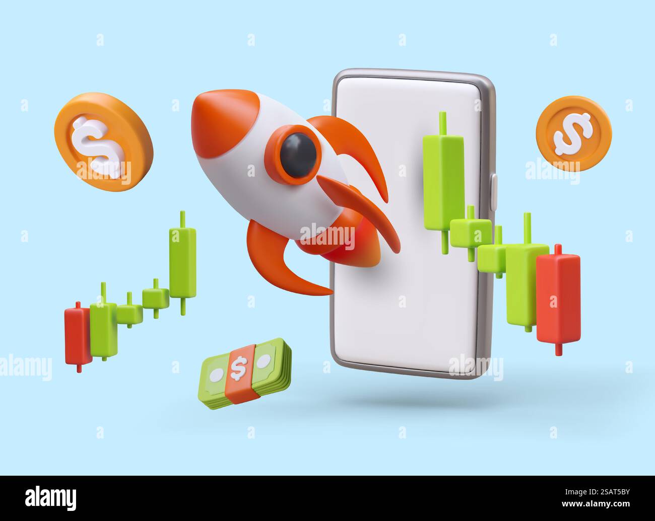 3D rocket launch off from smartphone screen. Stock charts, money. Color ...