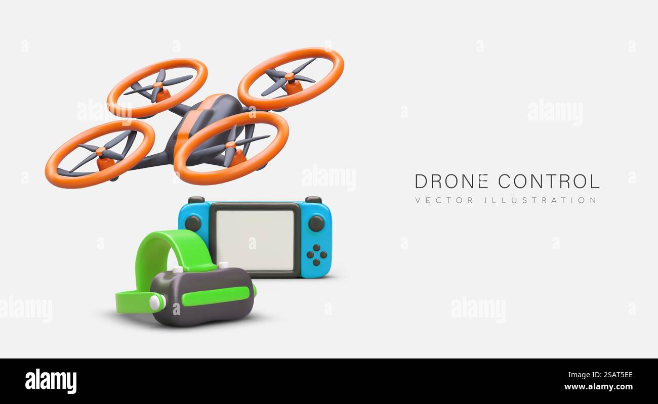 Drone operator. Video surveillance. Learning how to control quadcopter. Modern equipment for videography, aerial photography. 3D drone, remote control, VR glasses. Drone operator. Video surveillance. Learning how to control quadcopter Stock Vector
