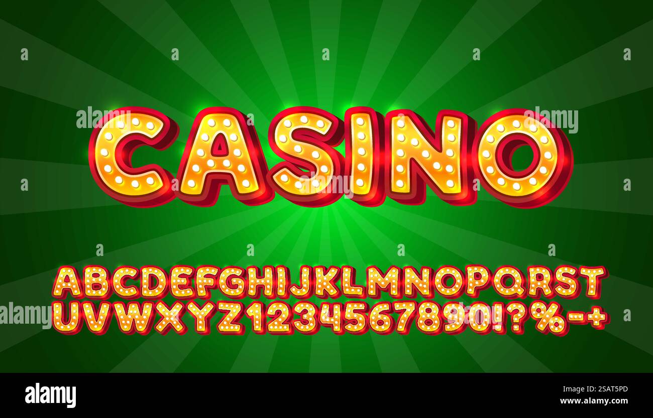Casino golden font, color red. English alphabet and numbers sign ...