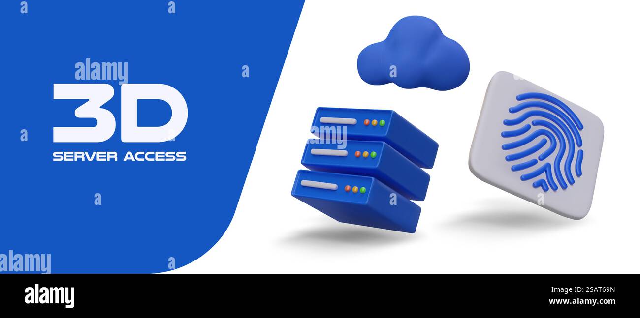 Blue realistic server, cloud, fingerprint. Secure data storage. Personalized access and control. Password protected. Digital security system. Vector poster for web design. Blue realistic server, cloud, fingerprint. Secure data storage. Personalized access and control Stock Vector