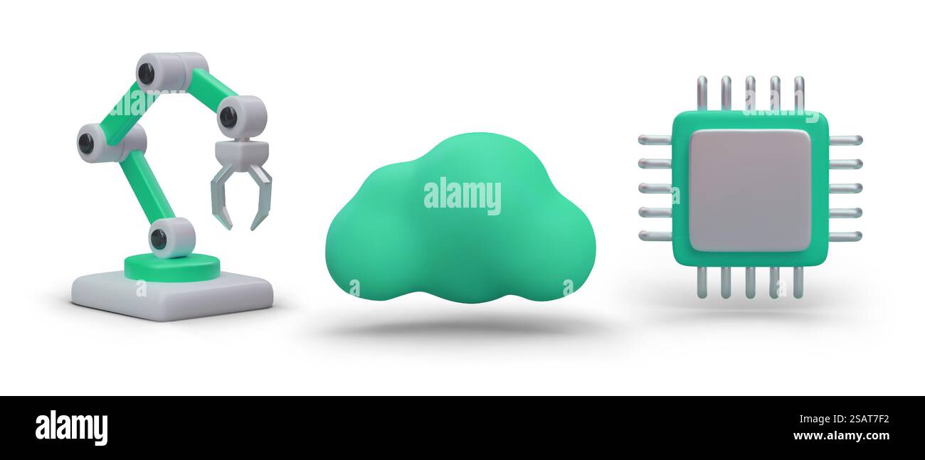 Robotic hand manipulator, cloud, microprocessor. Set of isolated 3D images. Hitech color icons. Processing, storage of information. Programmable equipment. Robotic hand manipulator, cloud, microprocessor. Set of isolated 3D images Stock Vector