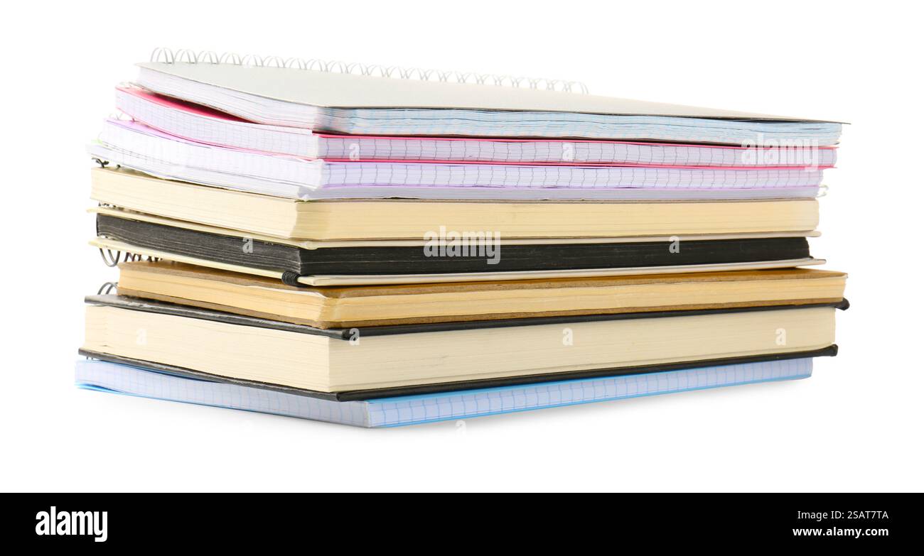 Stack of different notebooks isolated on white Stock Photo