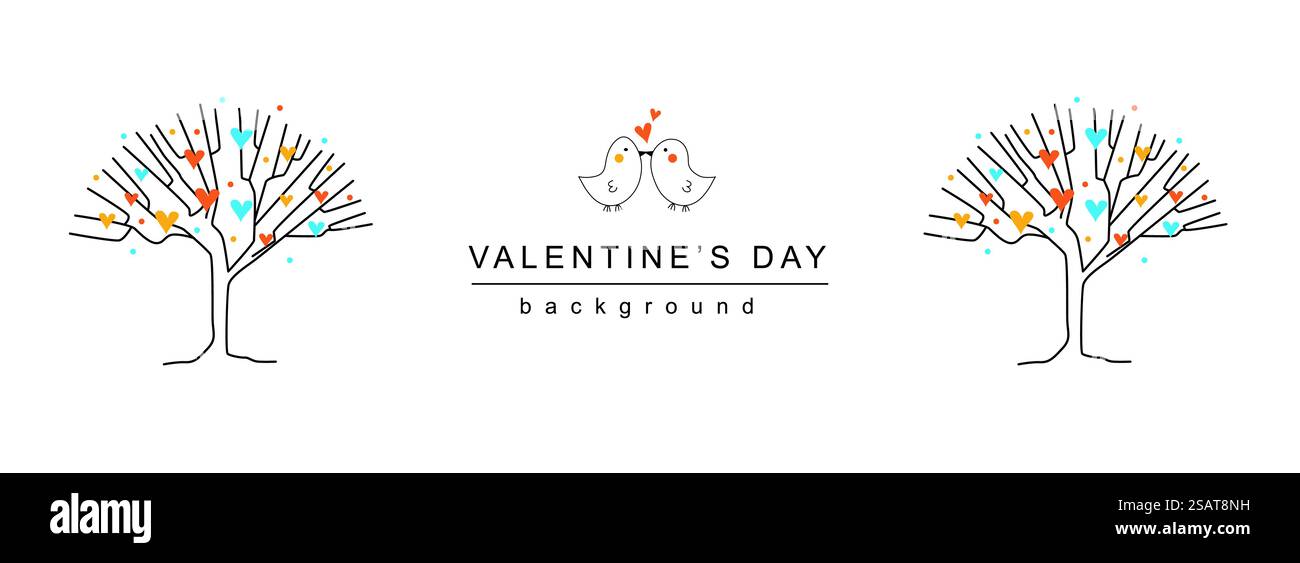 Valentine Day horizontal web banner. Romantic birds couple kissing near love decorative trees with hearts on white background. Vector illustration for header website, cover templates in modern design Stock Vector