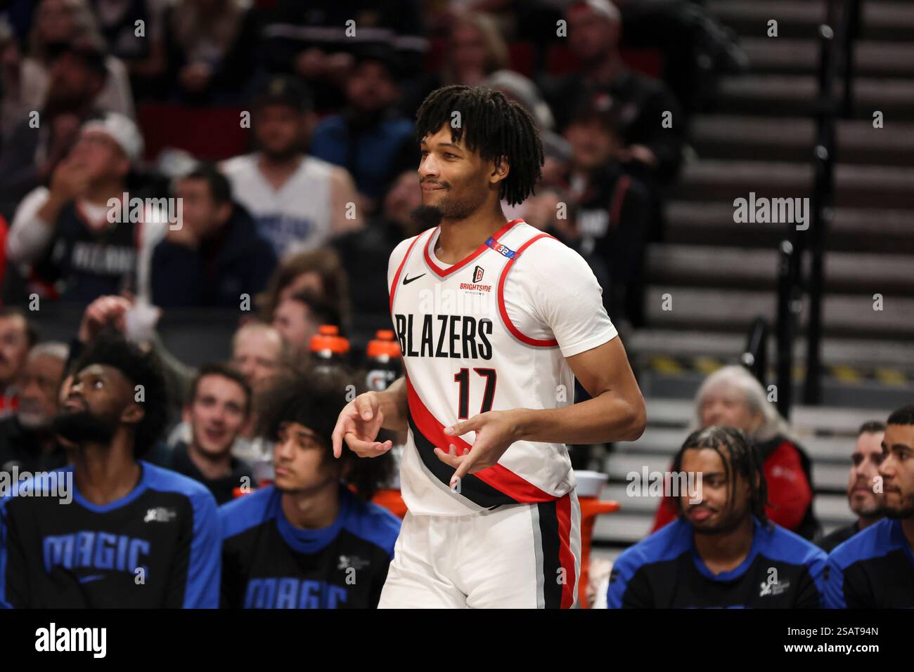 Portland Trail Blazers guard Shaedon Sharpe (17) reacts after scoring a ...