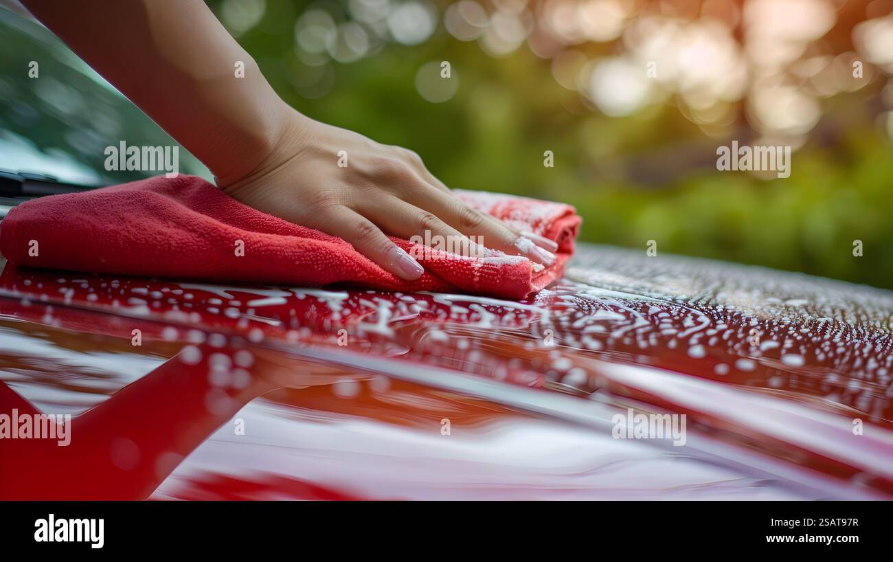 A close-up image showcasing a hand using a red cloth to clean and ...
