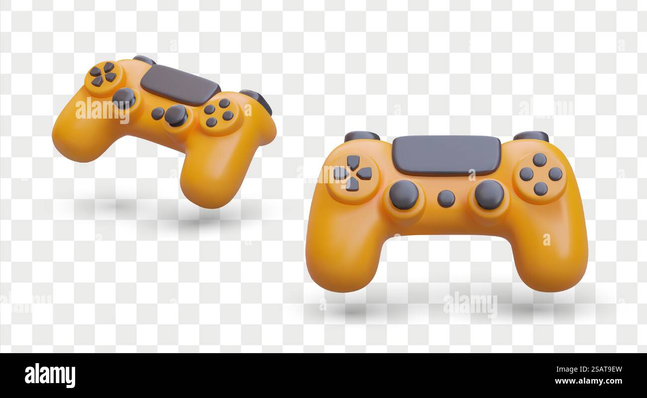 3d game pad in different positions. Device for professional gamers. Play game with remote controller. Modern plastic game joystick. Vector illustration in yellow colors. 3d game pad in different positions. Device for professional gamers. Play game with remote controller Stock Vector