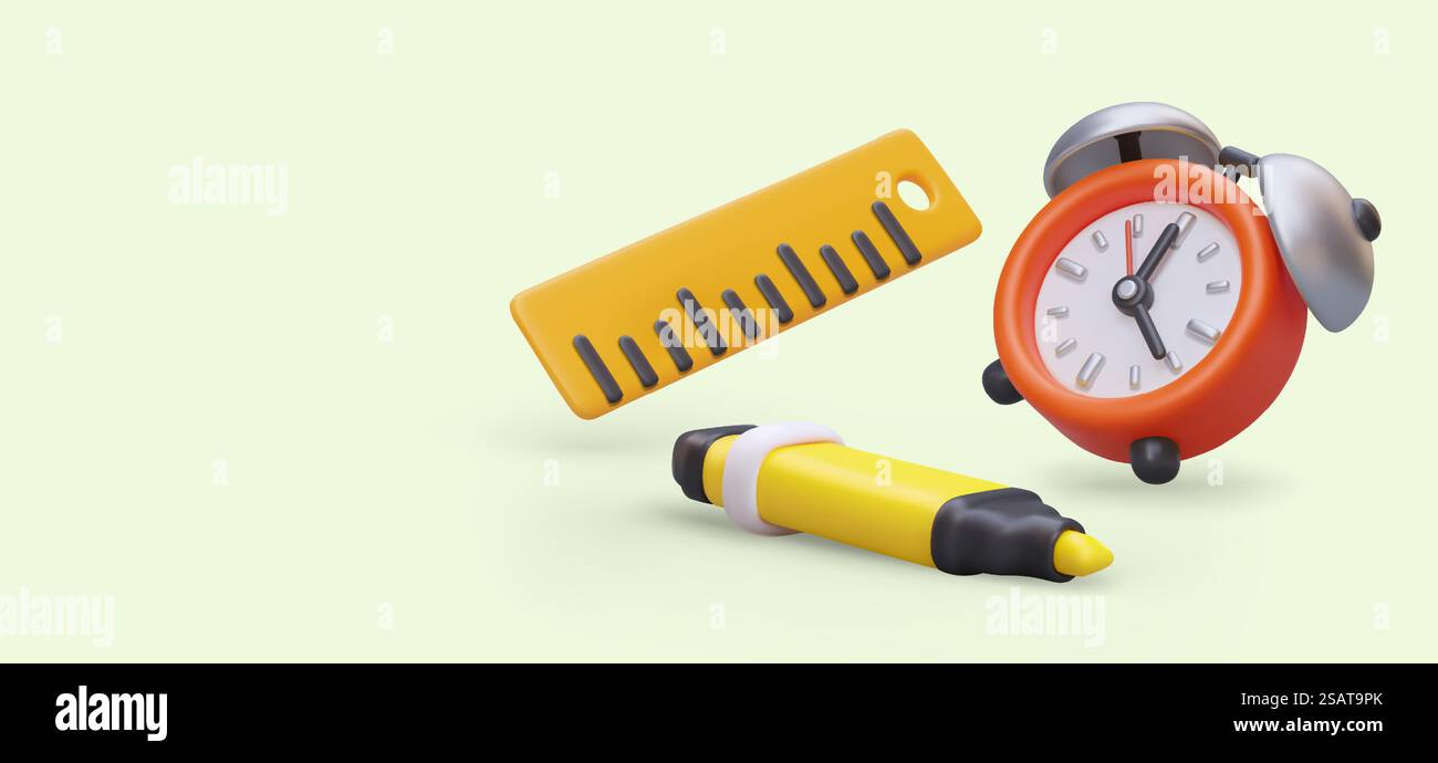 Realistic 3d alarm clock, yellow marker and measuring ruler. Elements ...