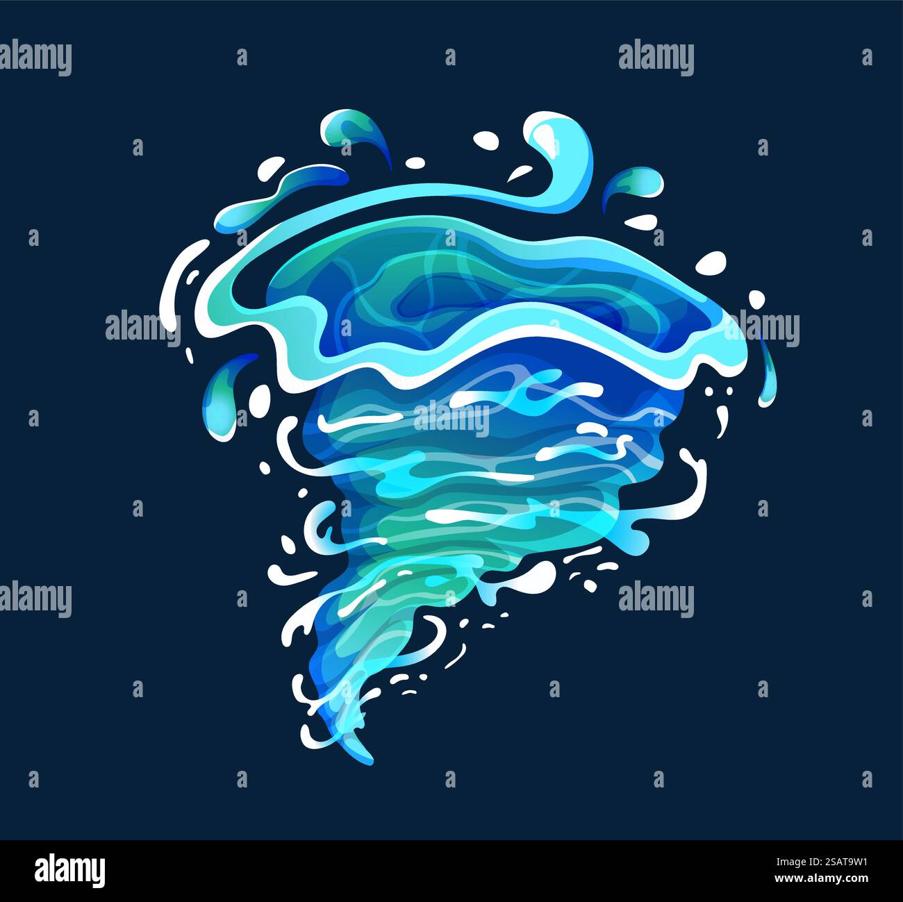 Water whirlpool color vector icon on dark background. Swirling liquid flow with drops. Aqua vortex cartoon illustration for design project. Water whirlpool color vector icon on dark background Stock Vector