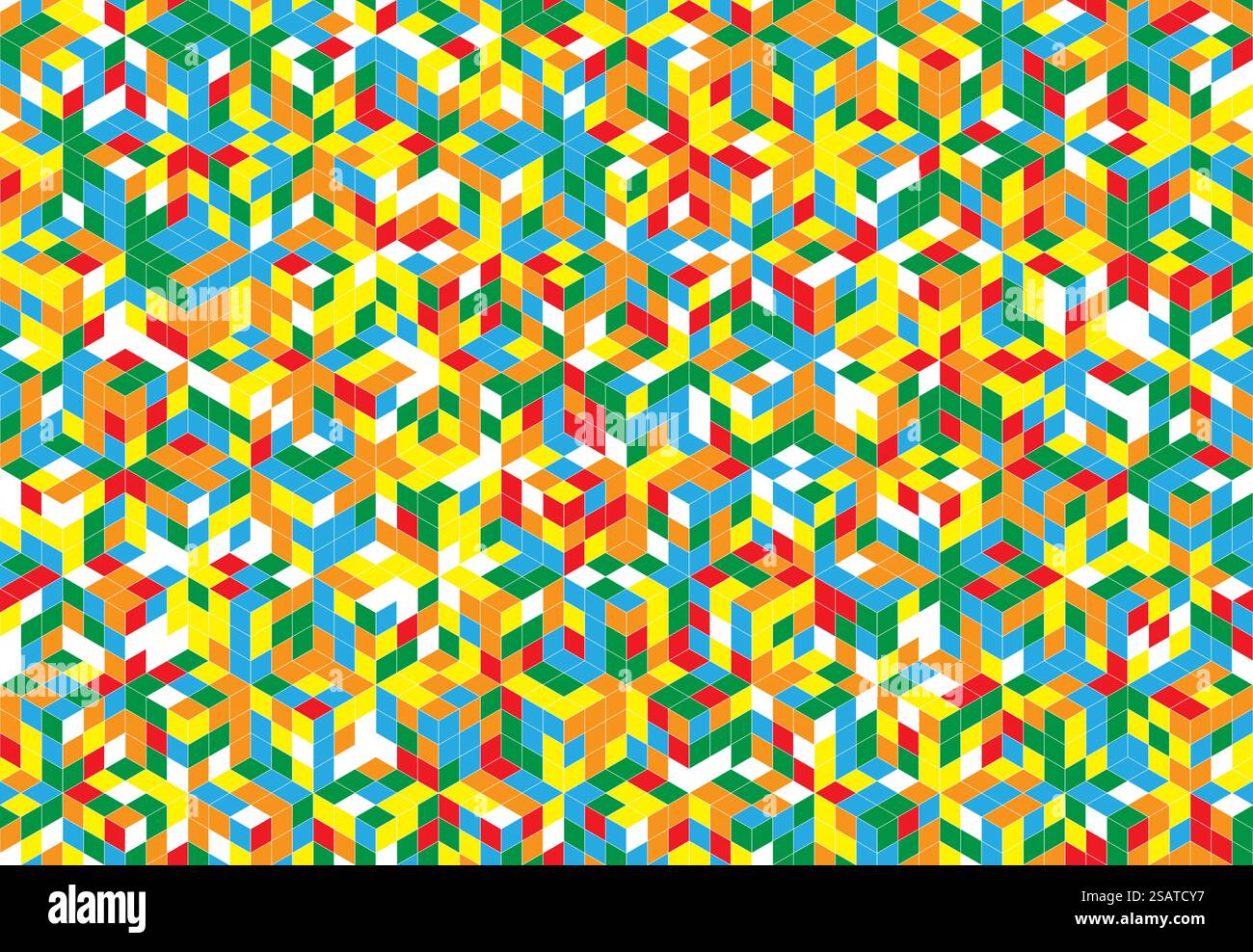 Magic cube pattern seamless design. Color block puzzle vector background. 3d texture concept for kids.. Magic cube pattern seamless design. Color block puzzle vector background. Stock Vector