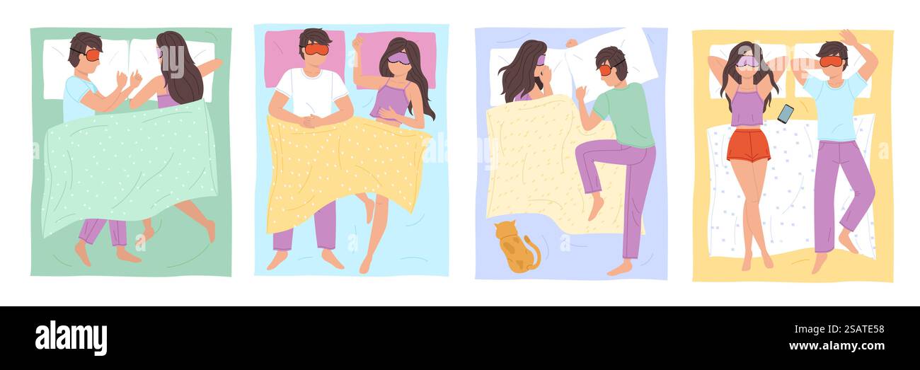 Couple sleep poses. Man and woman resting bed, different positions, guy and girl characters night dream, people relax together under the blanket under blanket, vector cartoon flat style isolated set. Couple sleep poses. Man and woman resting bed, different positions, guy and girl characters night dream, people relax together under the blanket under blanket, vector cartoon flat set Stock Vector
