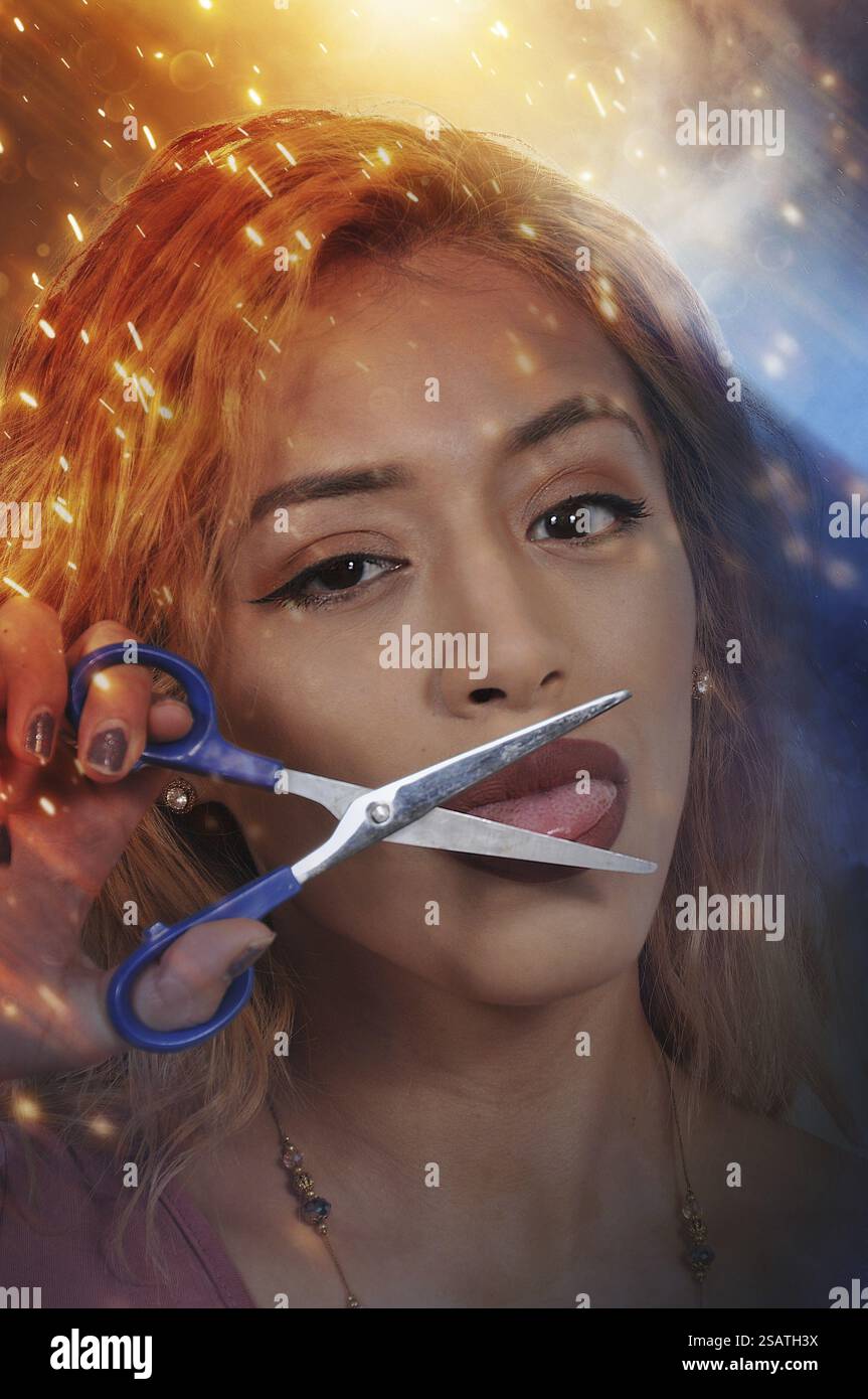 Woman about to cut her tongue with scissors so she wont speak out Stock Photo
