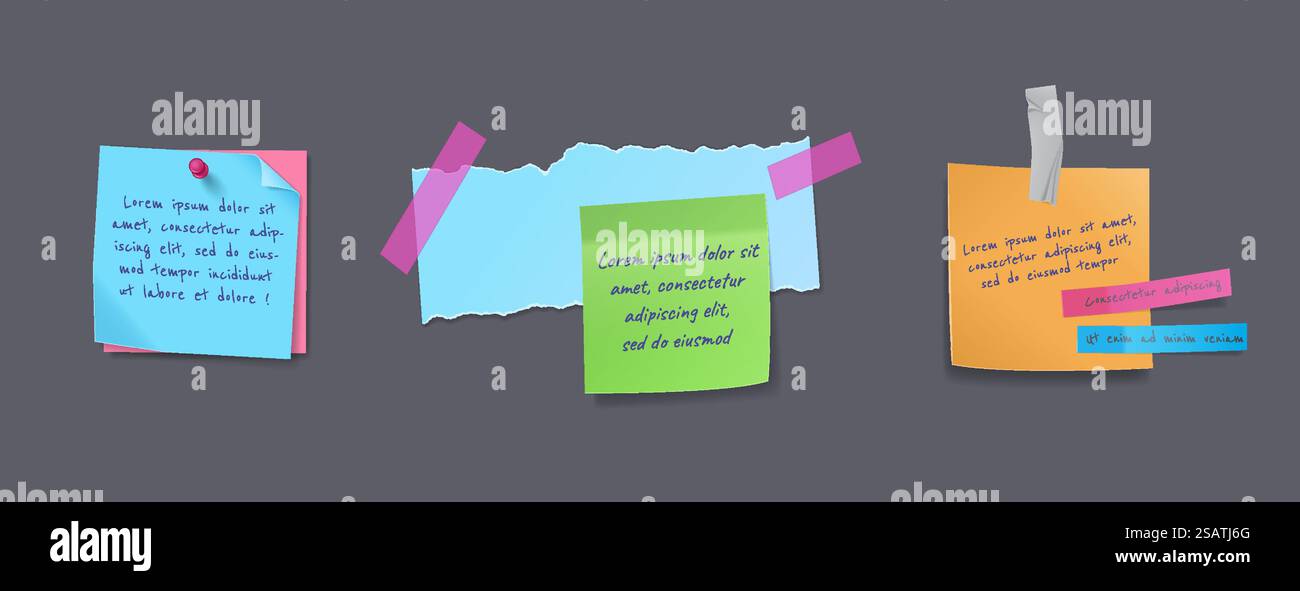 Notices on paper sheets realistic vector illustration set. Memory ...