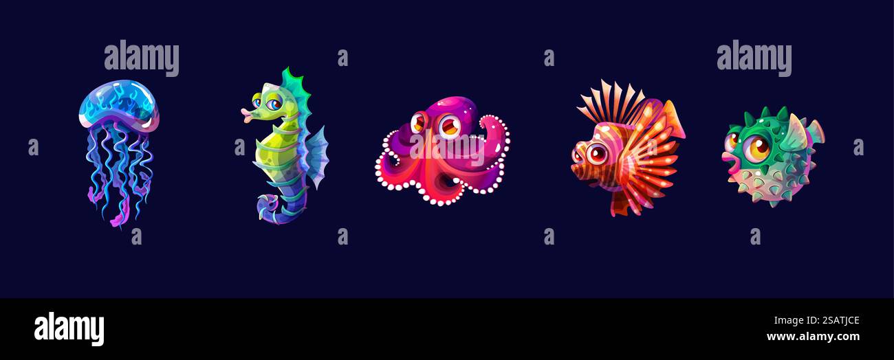 Exotic seawater habitats colour vector icon big set. Cute childish ocean fauna representants illustrations pack on dark blue background. Exotic seawater habitats colour vector icon big set Stock Vector
