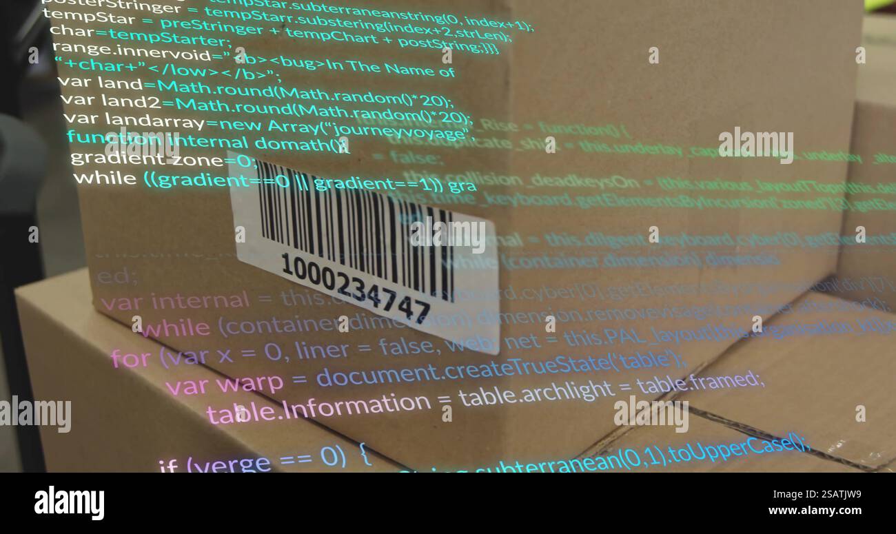 Image of data processing over cardboard boxes in warehouse Stock Photo ...