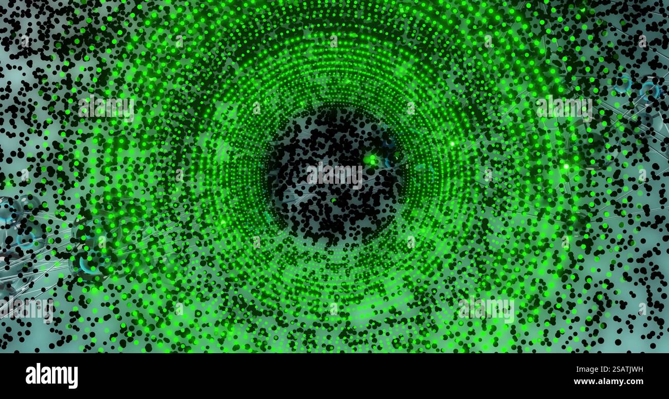 Image of digital data processing and binary coding over neon circle background Stock Photo
