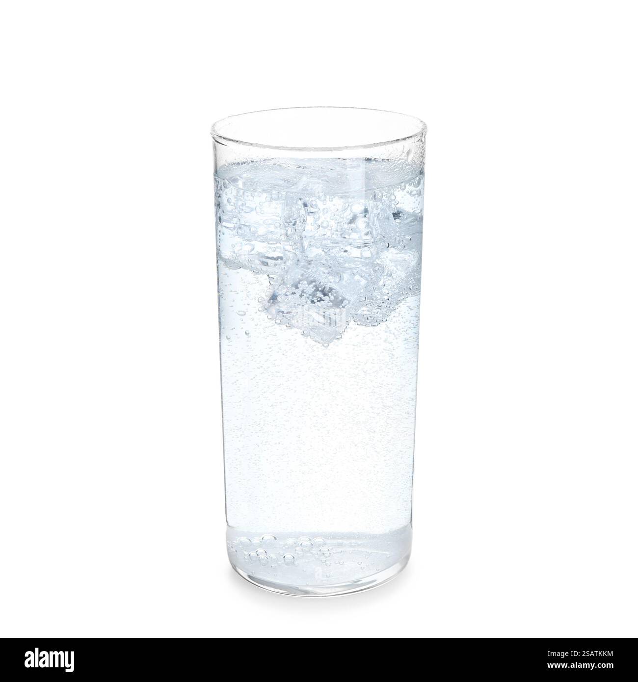 Glass of refreshing soda water with ice cubes isolated on white Stock ...