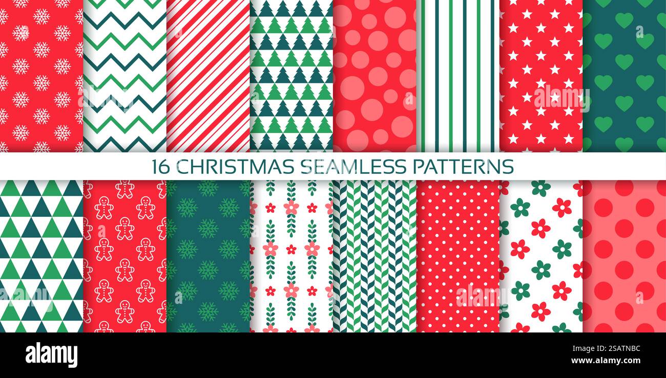 Christmas pattern. Seamless background. Xmas print with tree, candy cane stripe, polka dot, zigzag, star.. Christmas seamless background. Set of Xmas pattern. Vector illustration. Stock Vector