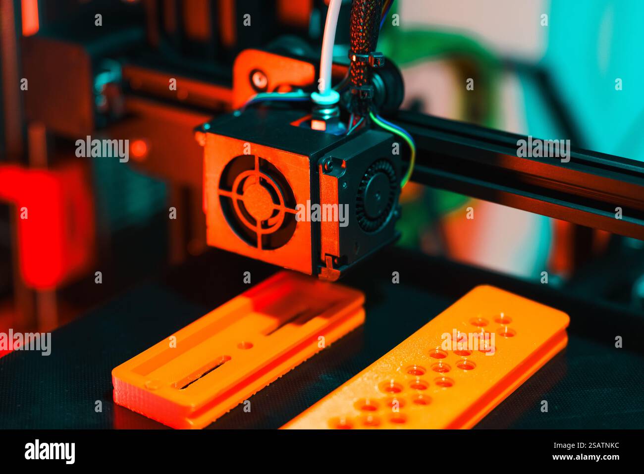 3d printer arm header nozzle printed object isometric view colorful light red green contrast Stock Photo