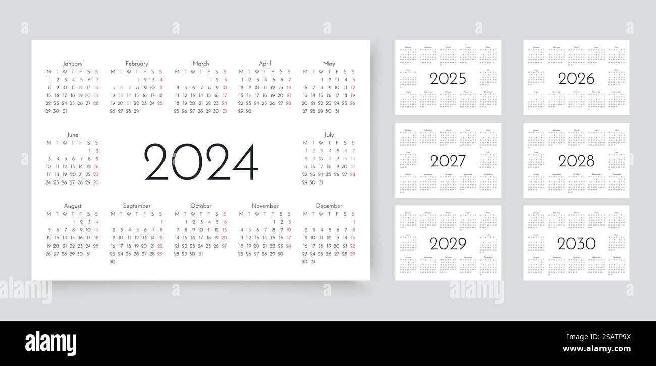Calendar for 2024, 2025, 2026, 2027, 2028, 2029, 20230 years. Pocket