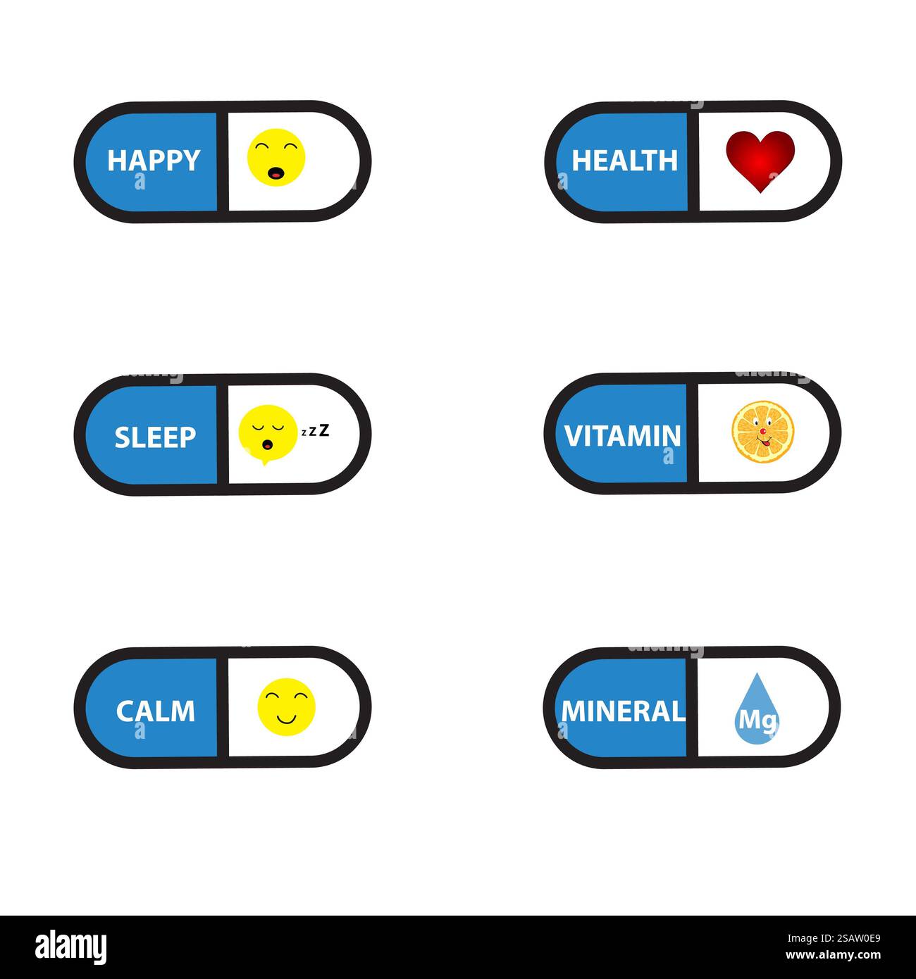 Capsules with different words and symbols on them Stock Photo - Alamy