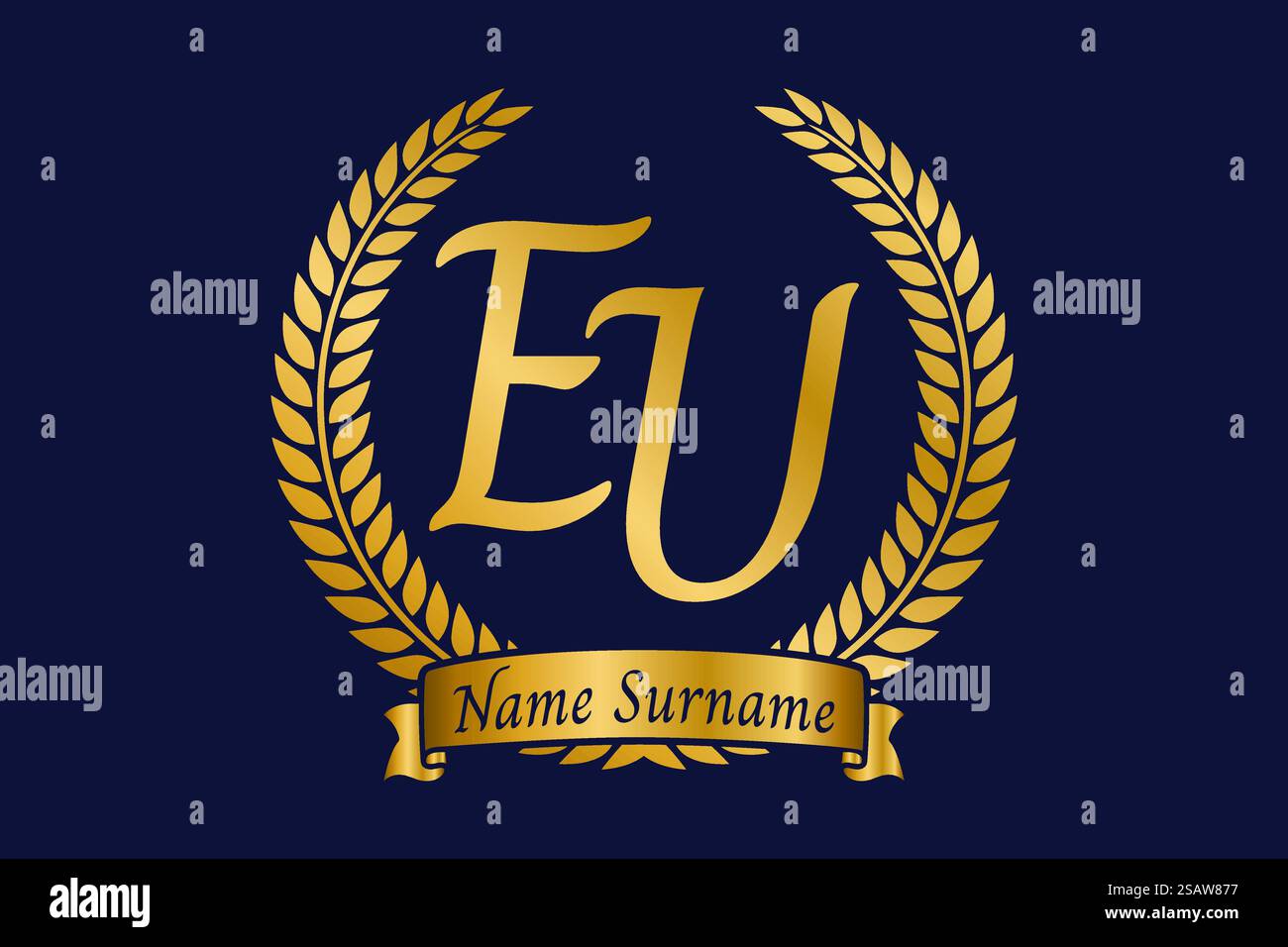 Initial letter E and U, EU monogram logo design with laurel wreath. Luxury golden emblem with calligraphy font. Stock Vector