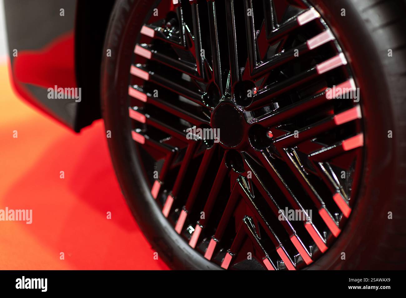 Close-up of modern sports car wheels, low profile tires on aluminum ...