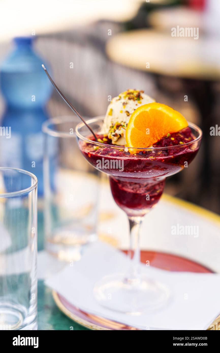 fruity granita ice in a cup at the restaurant Stock Photo