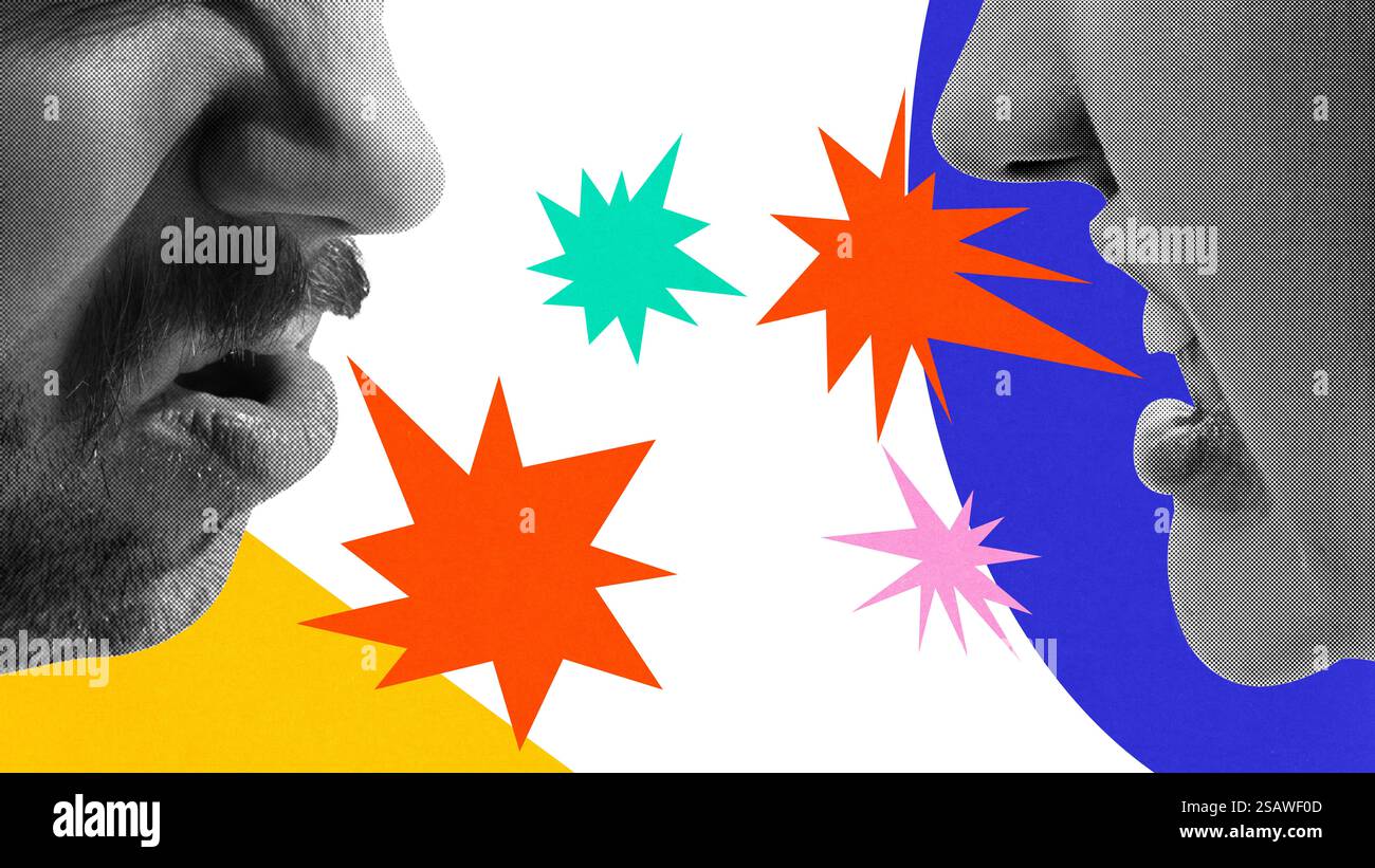 Conceptual artwork. Angry couple shouting, explosive orange and blue ...