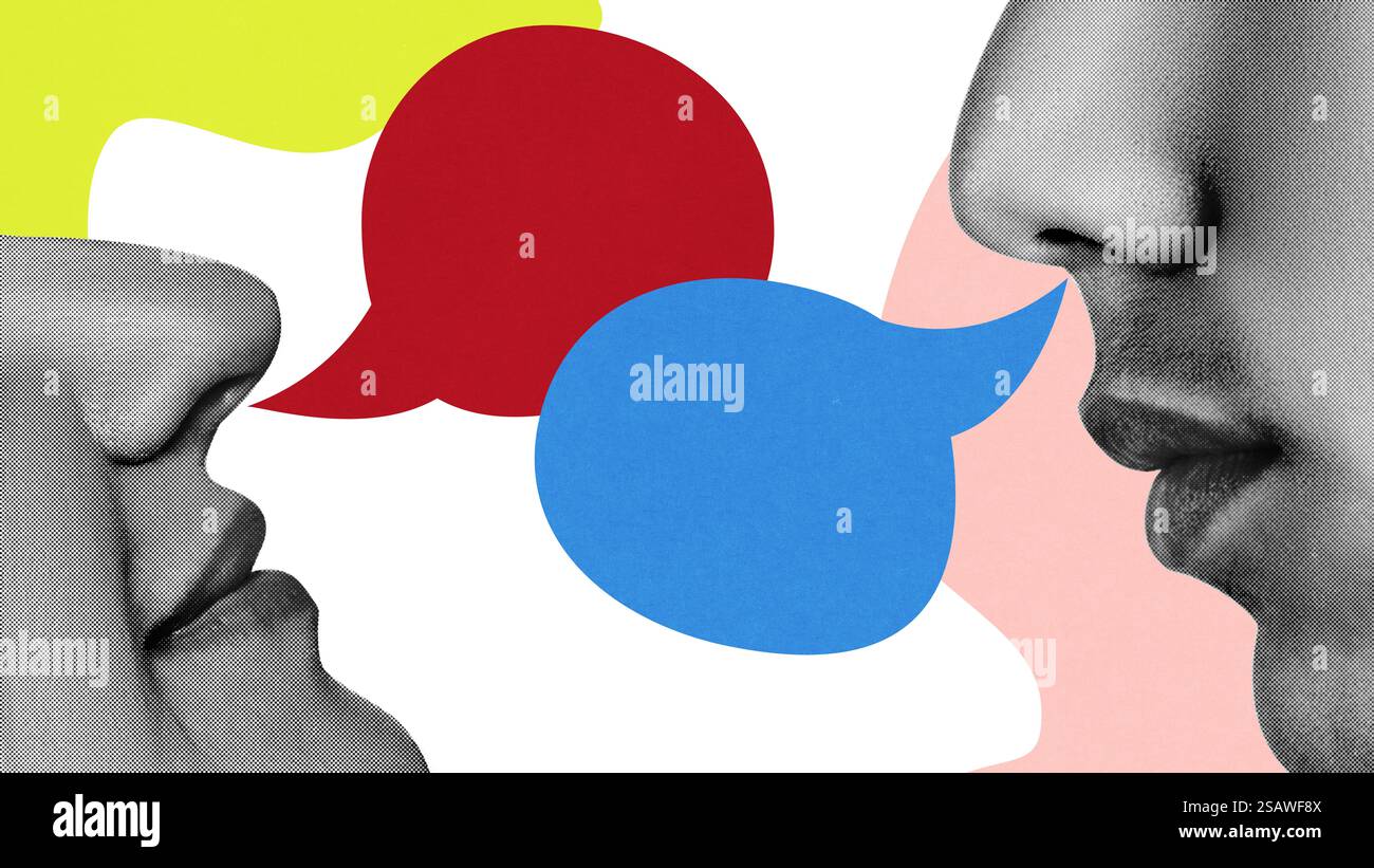 Conceptual graphic design. Two faces in close dialogue, large red and ...