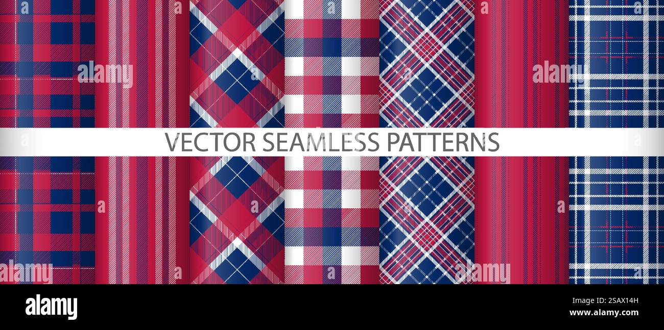 Set check fabric vector. Background textile seamless. Texture tartan plaid pattern collection. Stock Vector