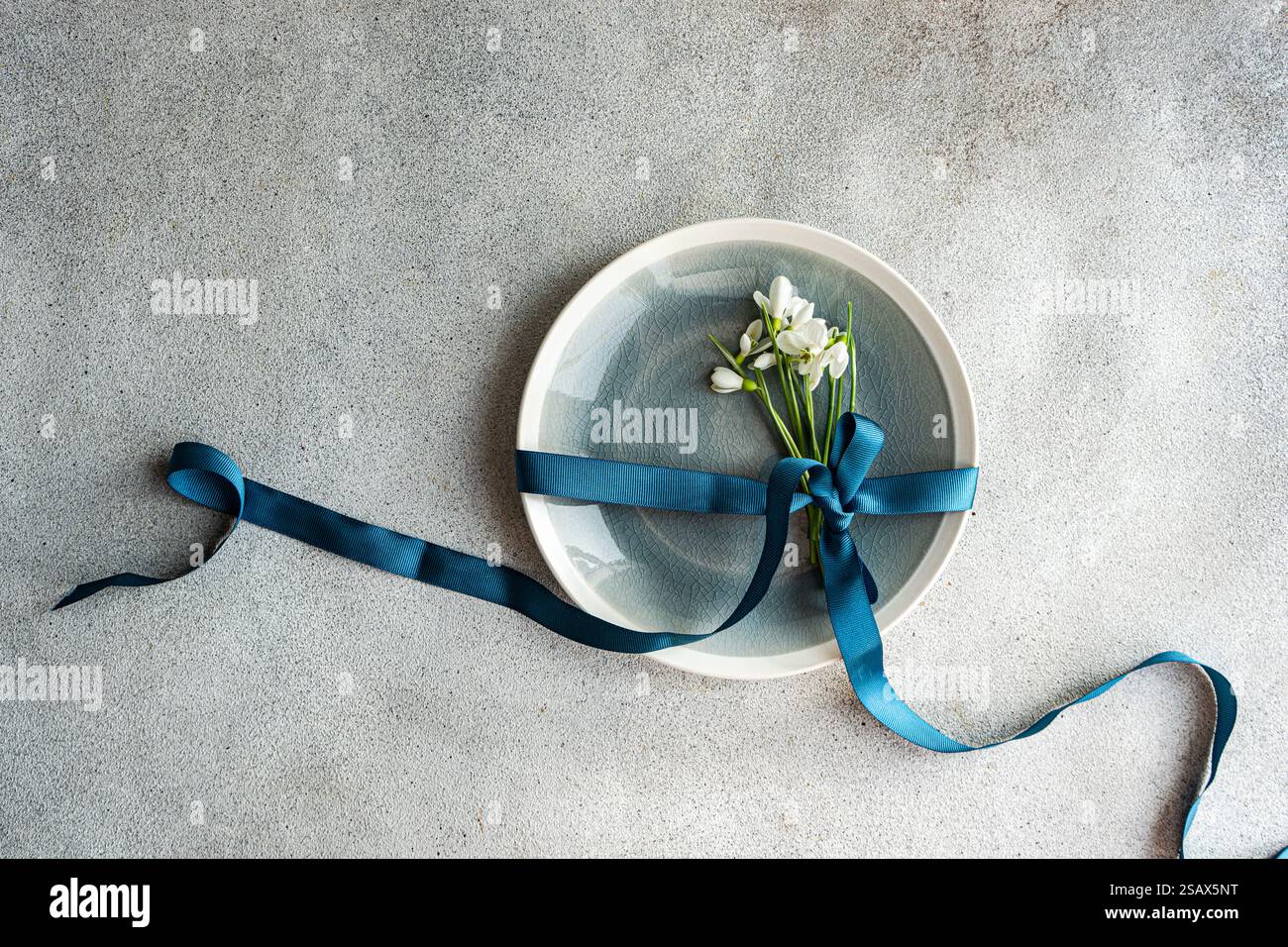 Table setting with snowdrops and ribbon Stock Photo