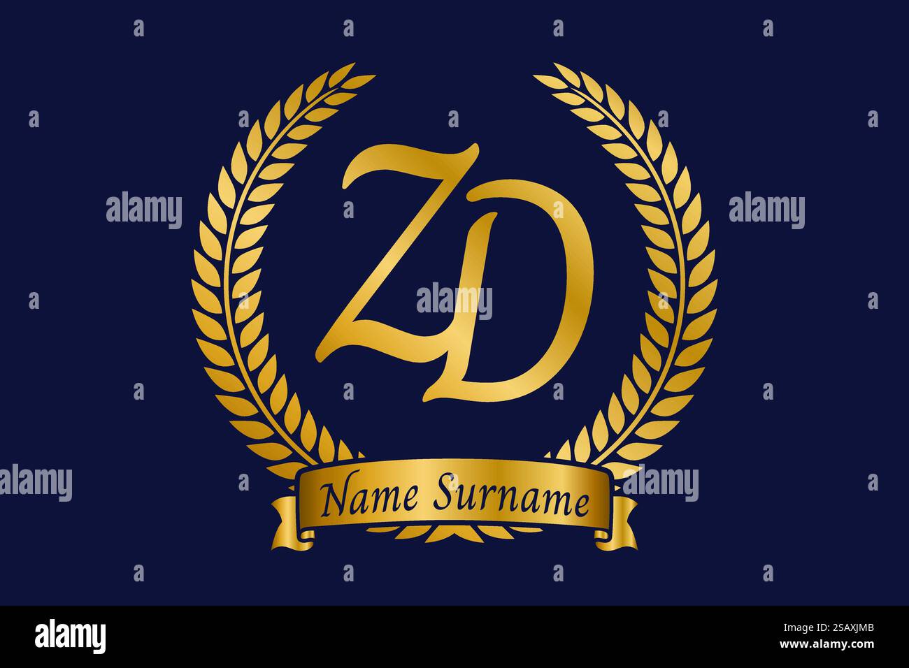 Initial letter Z and D, ZD monogram logo design with laurel wreath. Luxury golden emblem with calligraphy font. Stock Vector