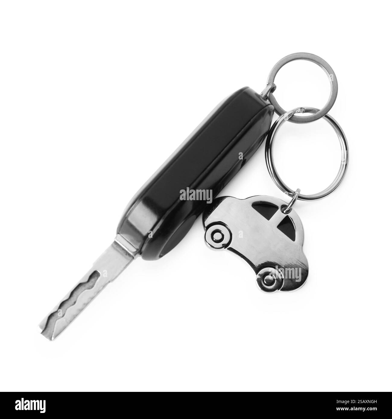 Car key with keychain isolated on white, top view. Buying auto Stock Photo