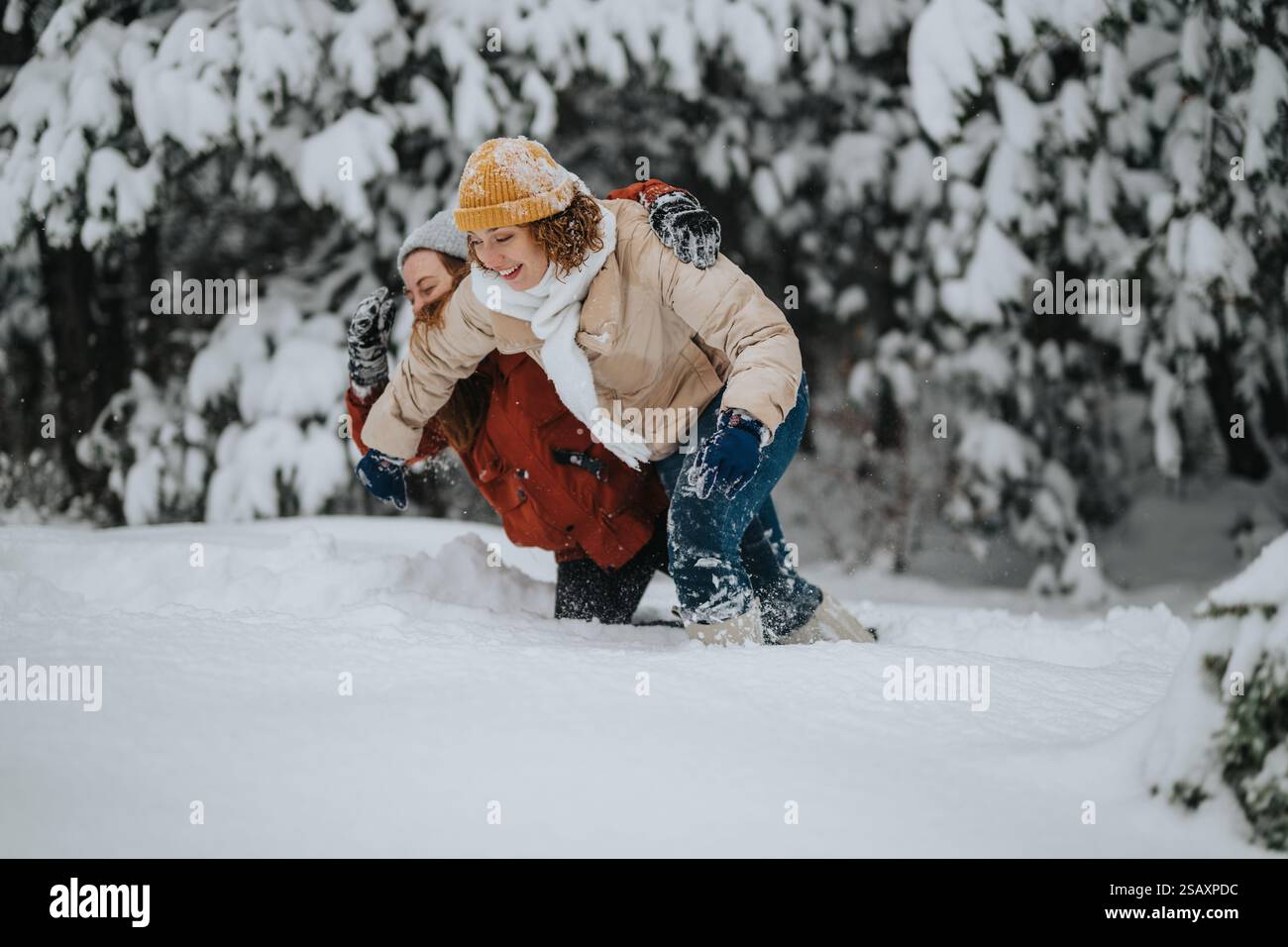 Two Friends Playing Joyfully in Snowy Winter Forest During a Frosty Day ...