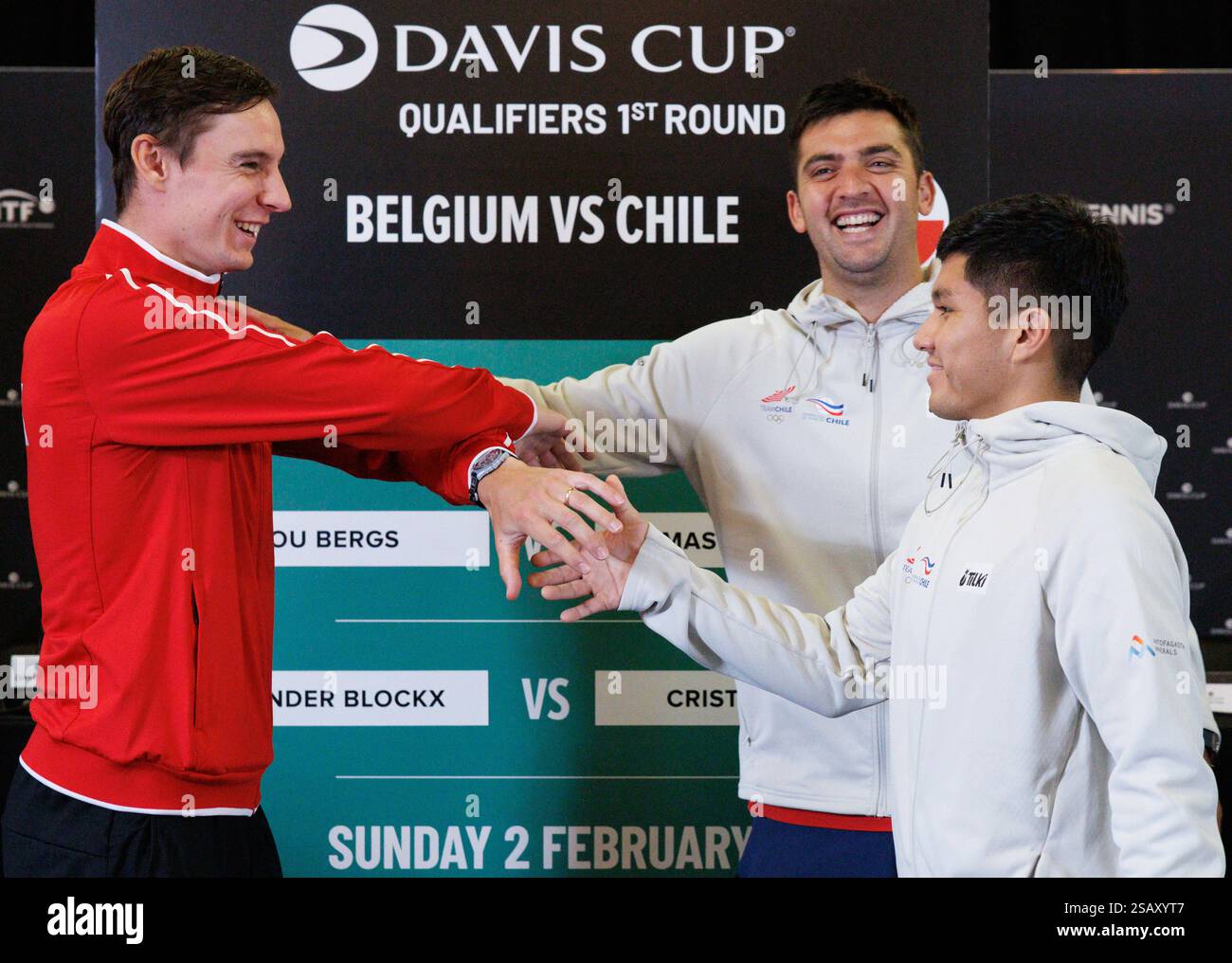 Hasselt, Belgium. 31st Jan, 2025. Belgian Joran Vliegen, Chilean Tomas Barrios Vera and Chilean Matias Soto pictured aftera the draw ahead of the qualifiers of the Davis Cup World Group tennis meeting between Belgium and Chile, Friday 31 January 2025, in Hasselt. BELGA PHOTO BENOIT DOPPAGNE Credit: Belga News Agency/Alamy Live News Stock Photo