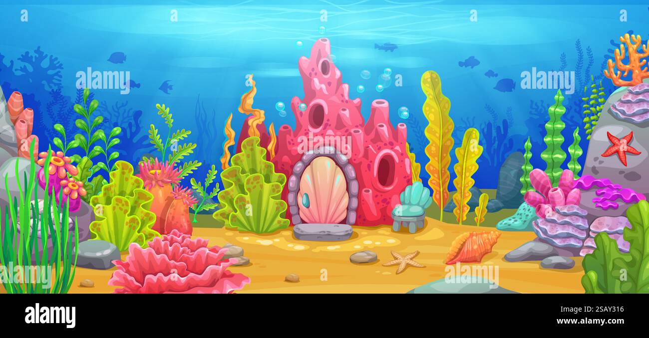 Reef coral house at underwater sea landscape, cartoon game background ...
