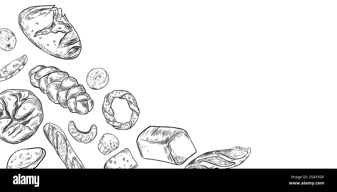 Assorted kind of bread black white vector frame. Loaf bread, challah ...