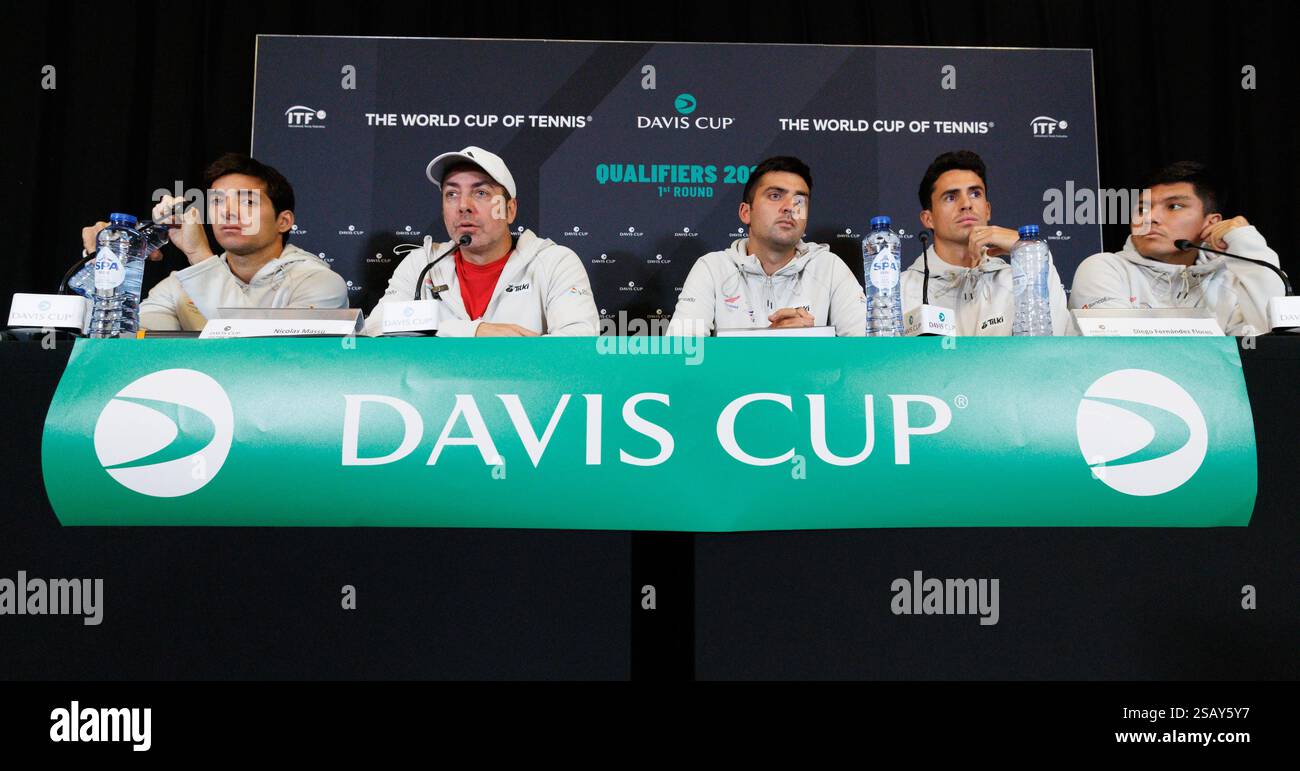 Hasselt, Belgium. 31st Jan, 2025. Chilean Cristian Garin, Chilean team captain Nicolas Massu, Chilean Tomas Barrios Vera, Chilean Diego Fernadez Flores and Chilean Matias Soto pictured duringa the draw ahead of the qualifiers of the Davis Cup World Group tennis meeting between Belgium and Chile, Friday 31 January 2025, in Hasselt. BELGA PHOTO BENOIT DOPPAGNE Credit: Belga News Agency/Alamy Live News Stock Photo