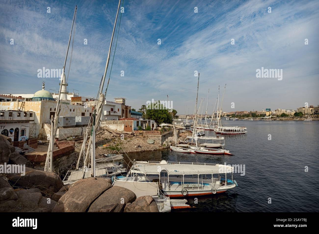 Colorful boat on the Nile river with tourists in Aswan , Egypt Stock ...