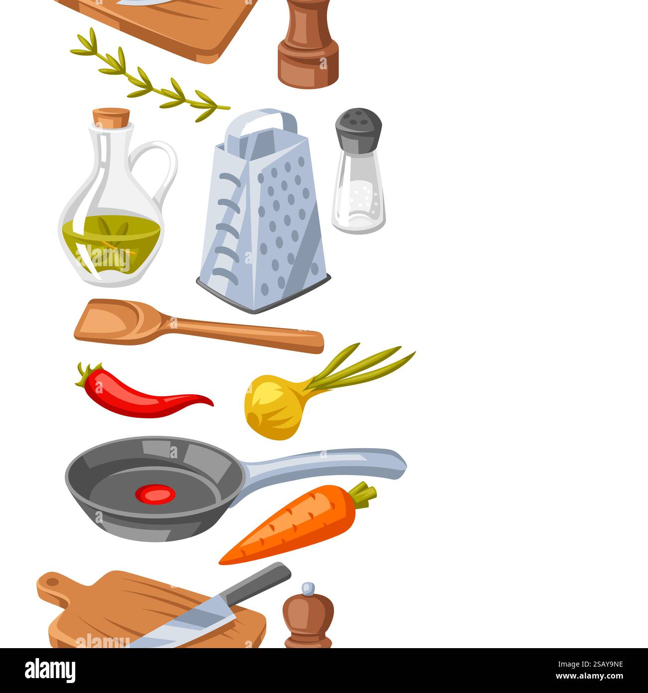 Pattern with kitchen utensils. Cooking tools for home and recipe items. Stock Vector