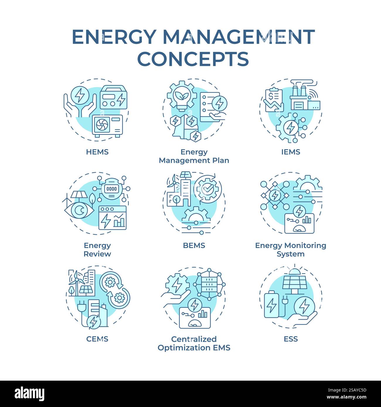 Energy management soft blue concept icons Stock Vector