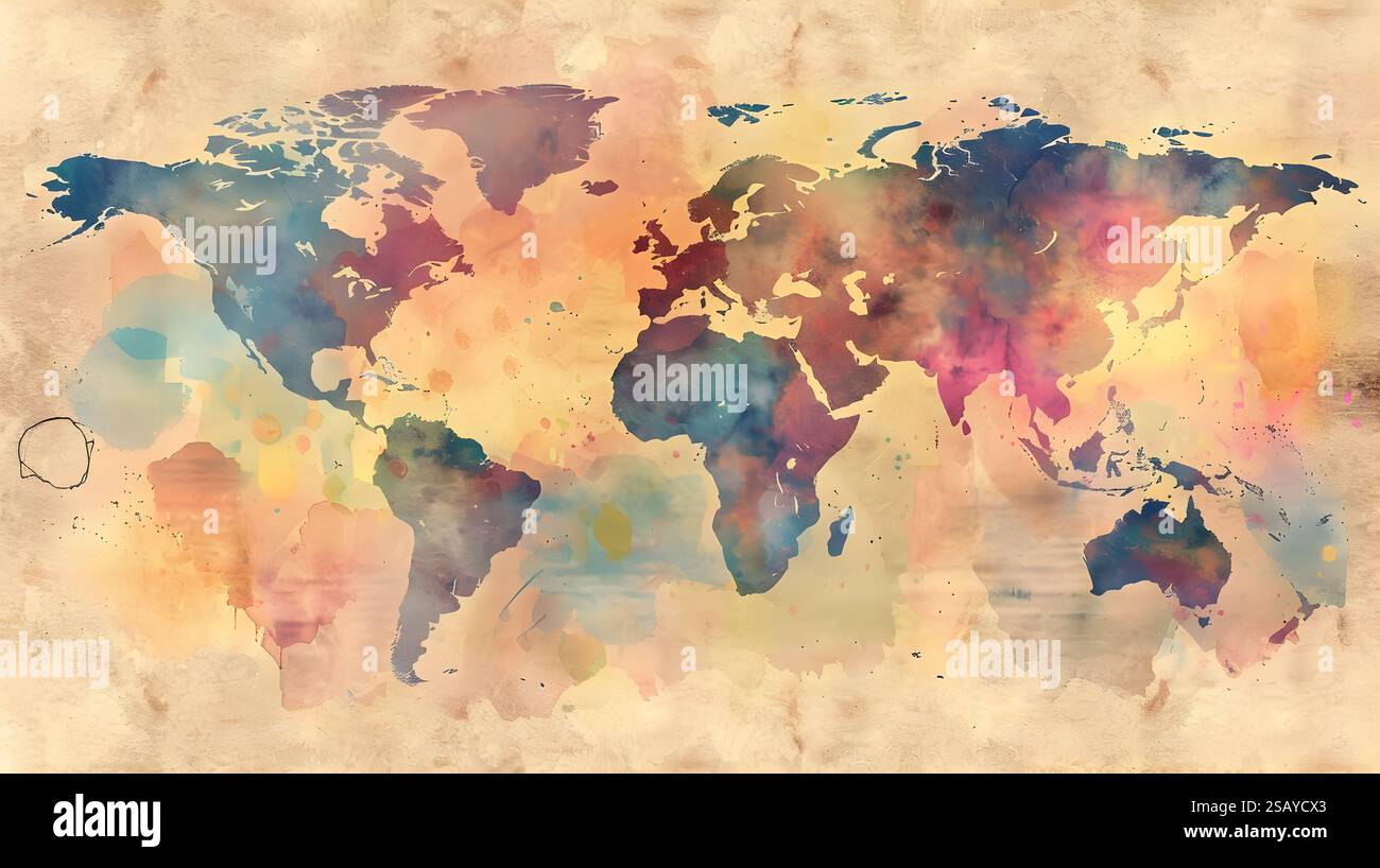 This image features a stunning watercolor depiction of a world map ...