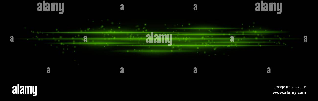 Realistic green light streaks with glowing particles on a black ...