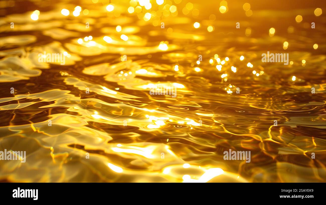 This image showcases a close-up view of golden water ripples that are ...
