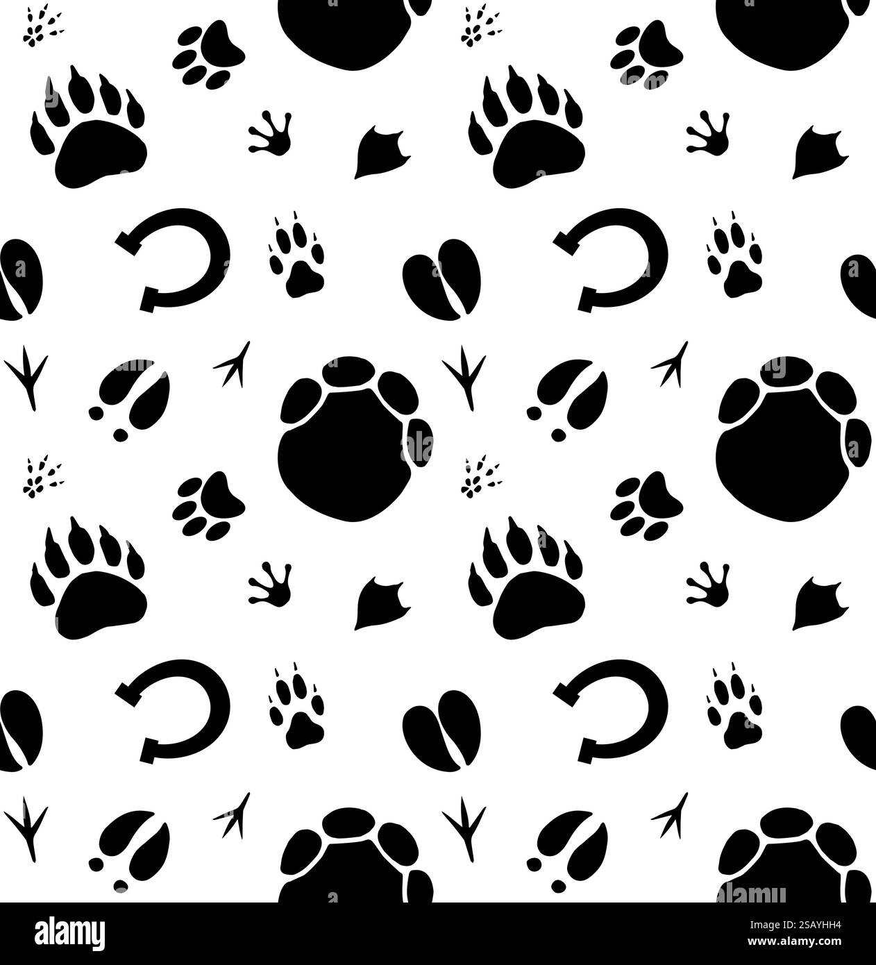 Vector seamless pattern of hand drawn different animals paws footprint ...