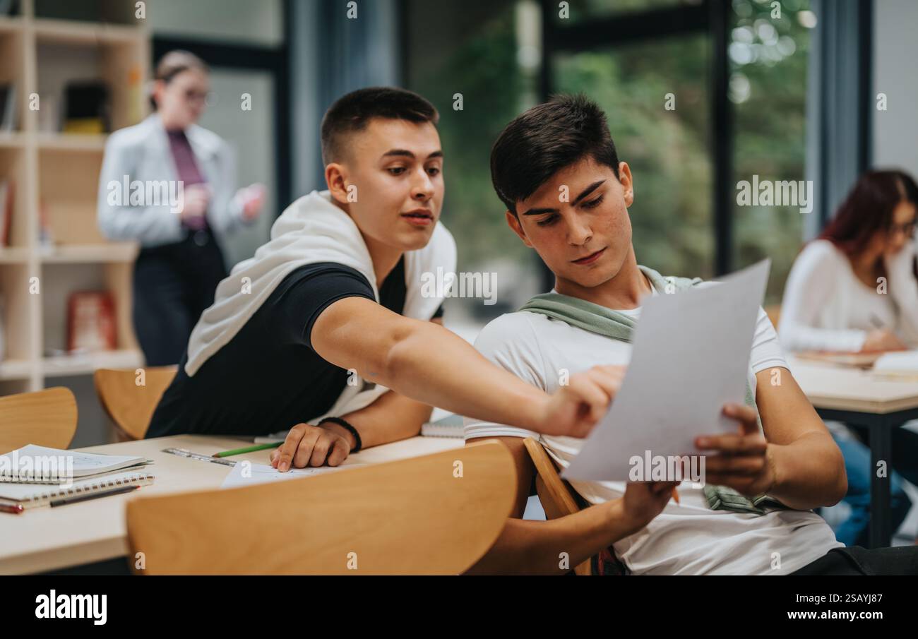 Two students collaborating during a classroom session Stock Photo