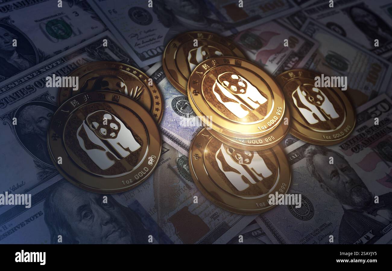 Panda chinese golden coin over the chart. Price trend graph with growing  and falling line. Online payment and transaction abstract concept 3d  illustra Stock Photo - Alamy